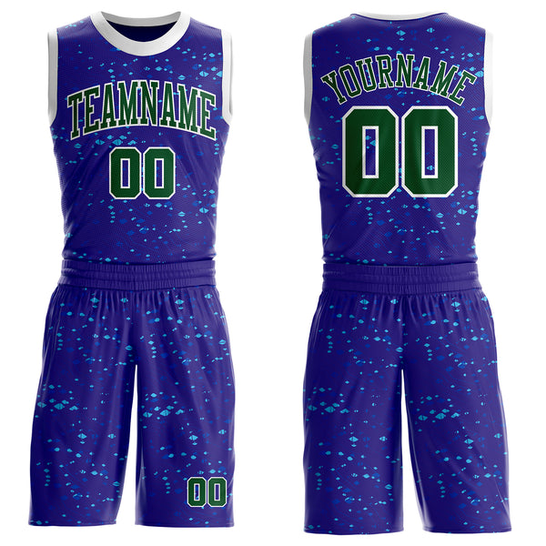 Custom Dark Purple Green Blue-White Grunge Fragment Round Neck Sublimation Basketball Uniform Jersey