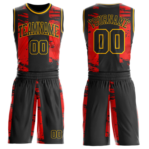 Custom Black Red-Gold Vintage Brush Stroke Round Neck Sublimation Basketball Uniform Jersey