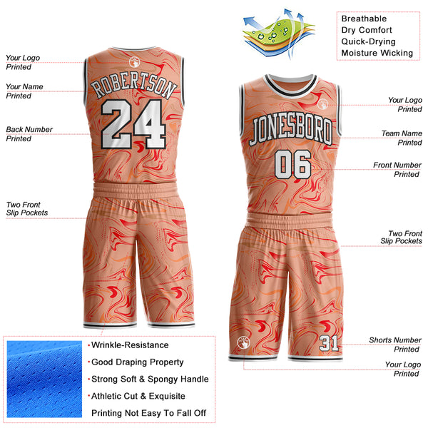 Custom Medium Pink White Red-Black Marble Swirl Liquid Fluid Round Neck Sublimation Basketball Uniform Jersey