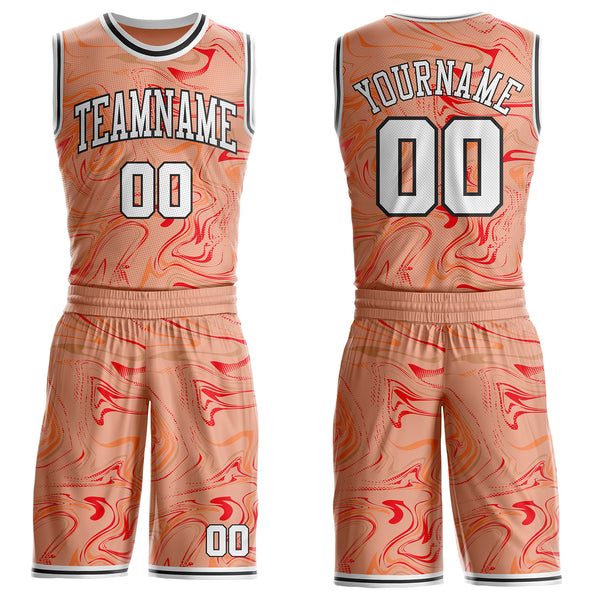 Custom Medium Pink White Red-Black Marble Swirl Liquid Fluid Round Neck Sublimation Basketball Uniform Jersey
