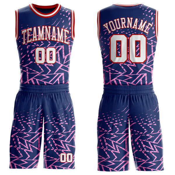 Custom Navy White Pink-Red Abstract Geometric Lines Round Neck Sublimation Basketball Uniform Jersey