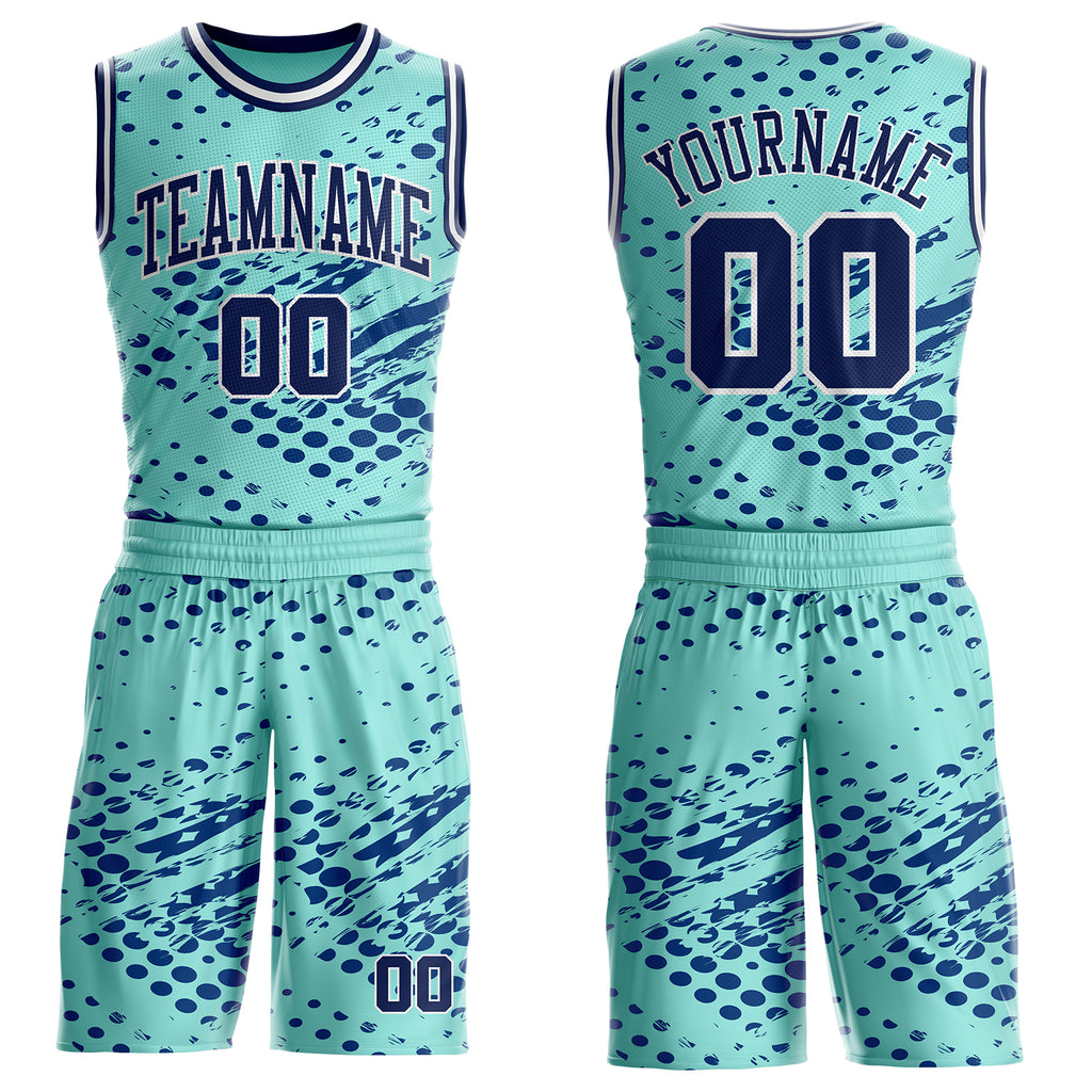 Custom Ice Blue Navy-White Grunge Paint Splatter Brush Stroke Round Neck Sublimation Basketball Uniform Jersey