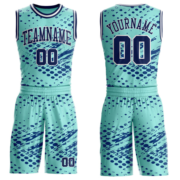Custom Ice Blue Navy-White Grunge Paint Splatter Brush Stroke Round Neck Sublimation Basketball Uniform Jersey