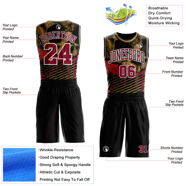 Custom Black Crimson White-Old Gold Gothic Skulls Round Neck Sublimation Basketball Uniform Jersey