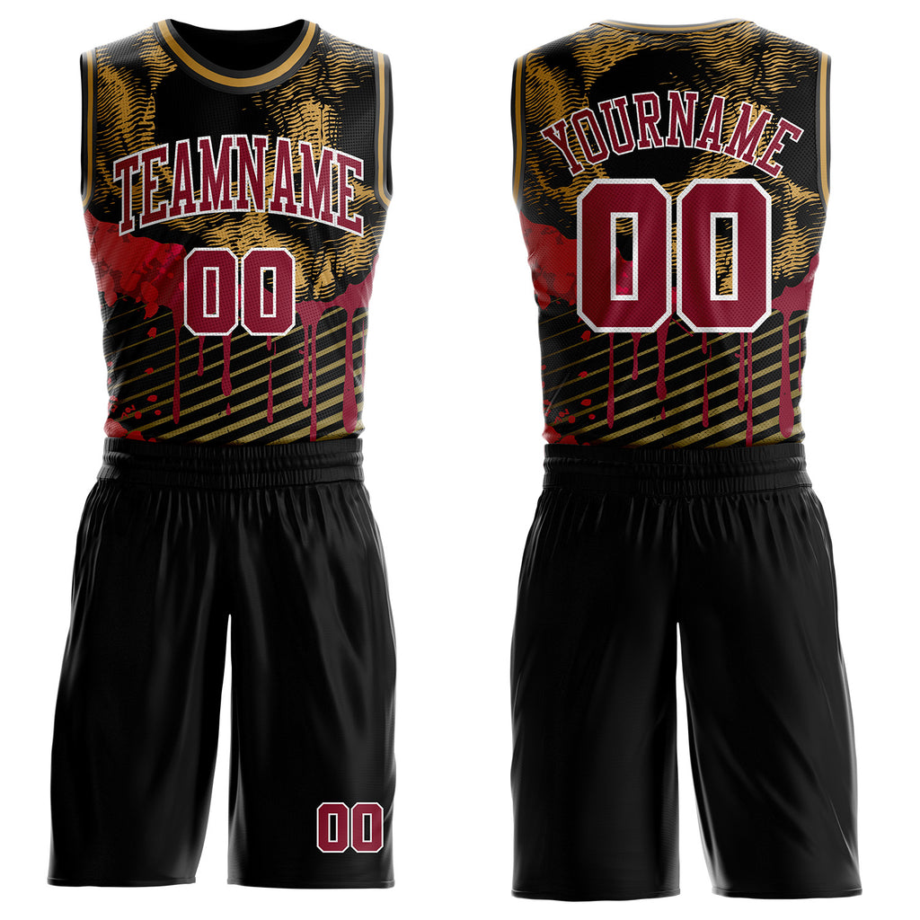 Custom Black Crimson White-Old Gold Gothic Skulls Round Neck Sublimation Basketball Uniform Jersey