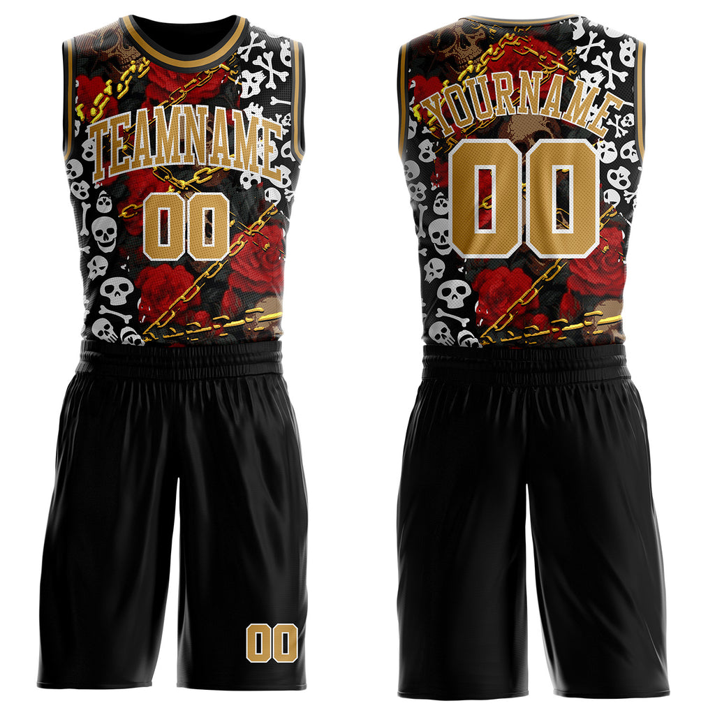 Custom Black Old Gold-White Gothic Skulls And Roses Round Neck Sublimation Basketball Uniform Jersey