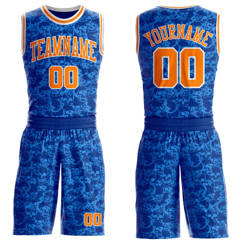 Custom Royal Bay Orange-White Gothic Skulls Round Neck Sublimation Basketball Uniform Jersey