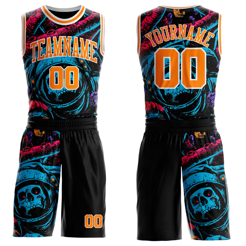 Custom Black Bay Orange Blue Pink-White Cyberpunk Skulls Round Neck Sublimation Basketball Uniform Jersey