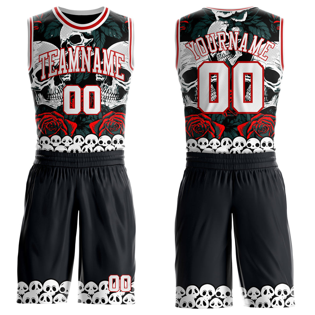 Custom Black White-Red Gothic Skulls And Roses Round Neck Sublimation Basketball Uniform Jersey