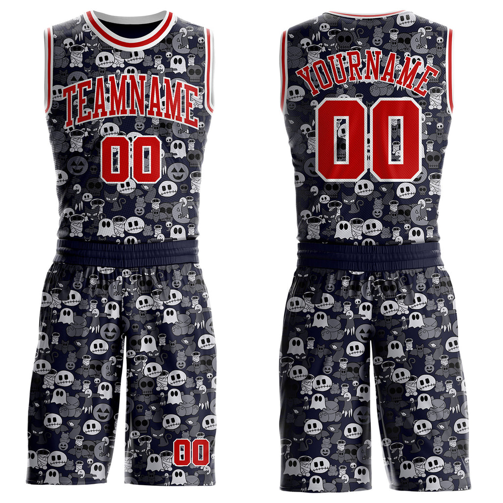 Custom Navy Red-White Urban Ghost Skull Round Neck Sublimation Basketball Uniform Jersey