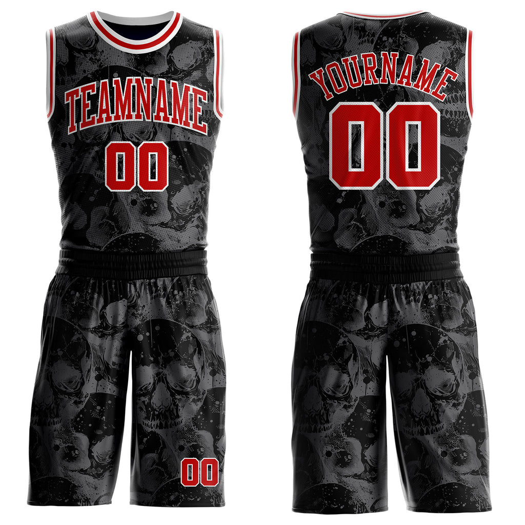 Custom Black Red-White Gothic Skulls Round Neck Sublimation Basketball Uniform Jersey