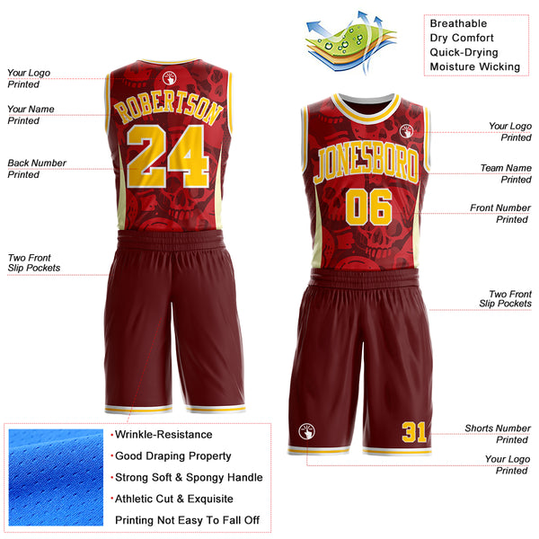 Custom Red Yellow-White Gothic Skulls Round Neck Sublimation Basketball Uniform Jersey