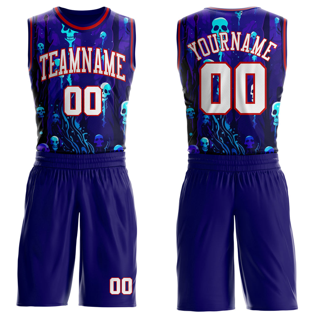 Custom Blue White-Red Cyber Gothic Skulls Round Neck Sublimation Basketball Uniform Jersey