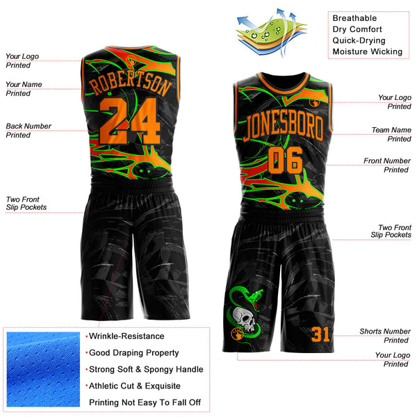 Custom Black-Bay Orange Neon Snake Skulls Round Neck Sublimation Basketball Uniform Jersey