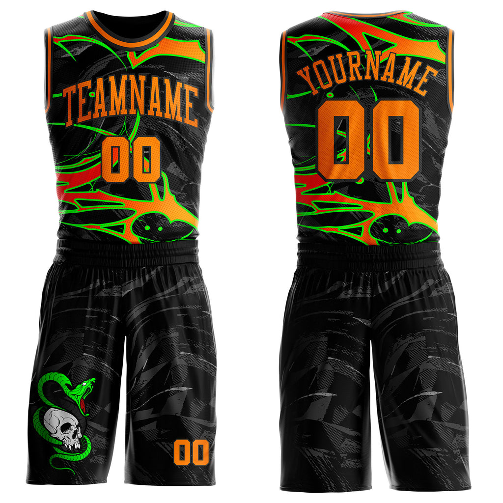 Custom Black-Bay Orange Neon Snake Skulls Round Neck Sublimation Basketball Uniform Jersey