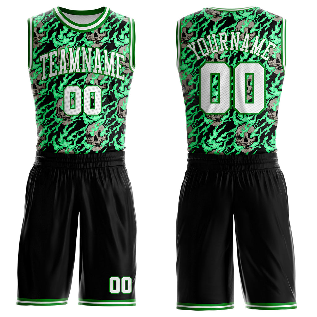 Custom Black White-Grass Green Fire Skulls Round Neck Sublimation Basketball Uniform Jersey