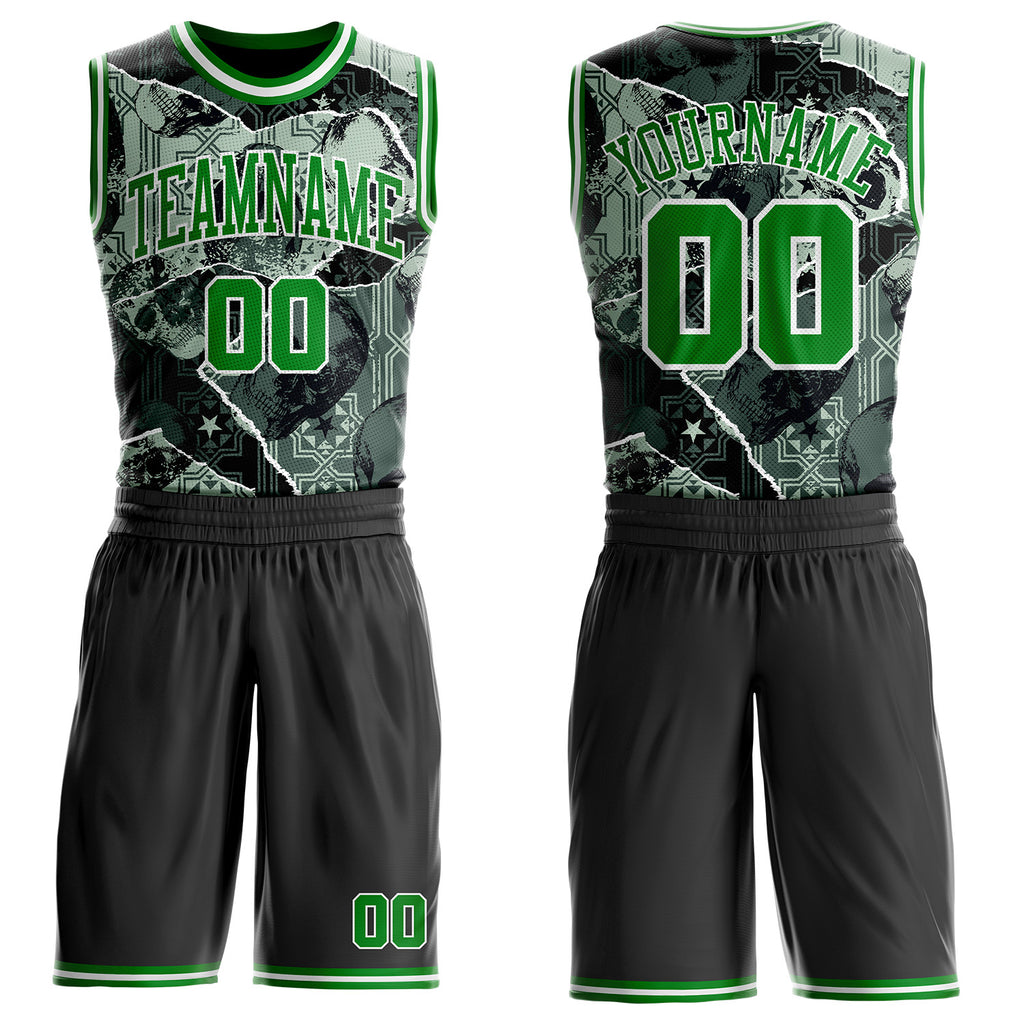 Custom Black Grass Green-White Gothic Skulls Round Neck Sublimation Basketball Uniform Jersey