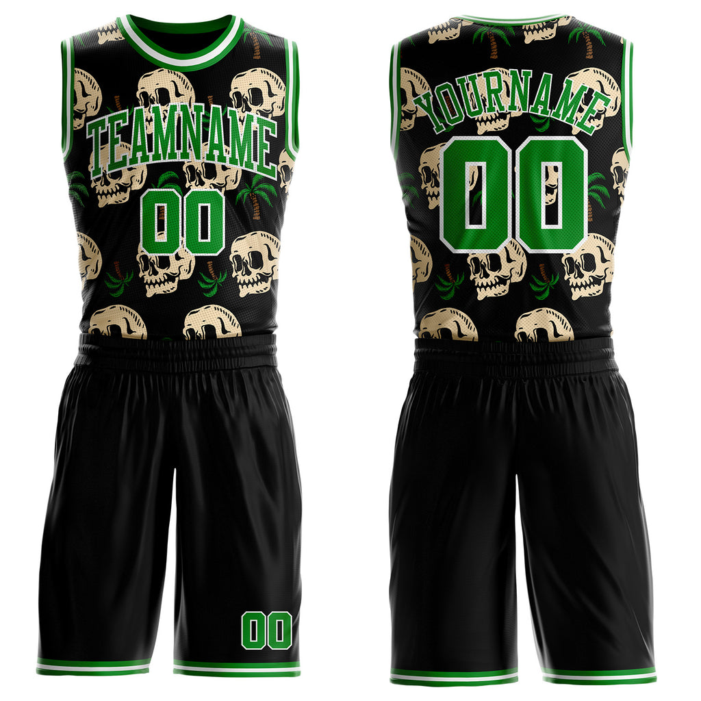 Custom Black Grass Green-White Tropical Skulls Round Neck Sublimation Basketball Uniform Jersey