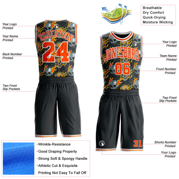 Custom Gray Orange-White Fire Skulls Round Neck Sublimation Basketball Uniform Jersey