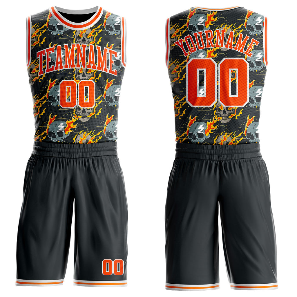 Custom Gray Orange-White Fire Skulls Round Neck Sublimation Basketball Uniform Jersey