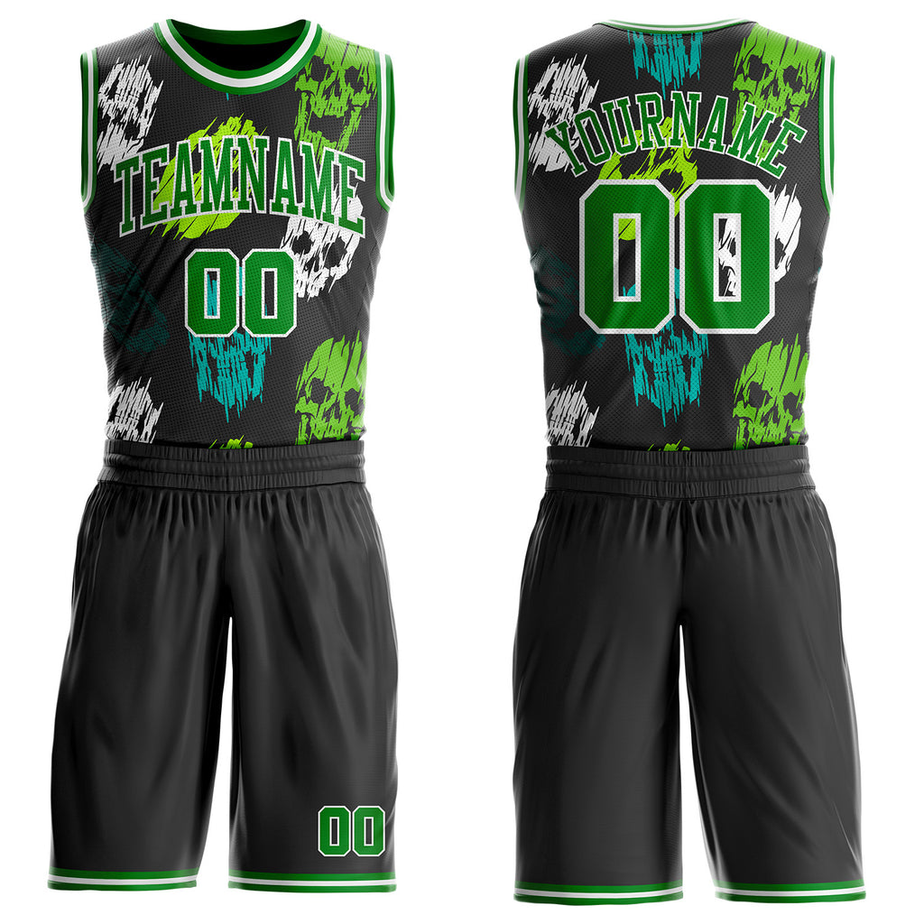 Custom Black Grass Green-White Glitch Skulls Round Neck Sublimation Basketball Uniform Jersey