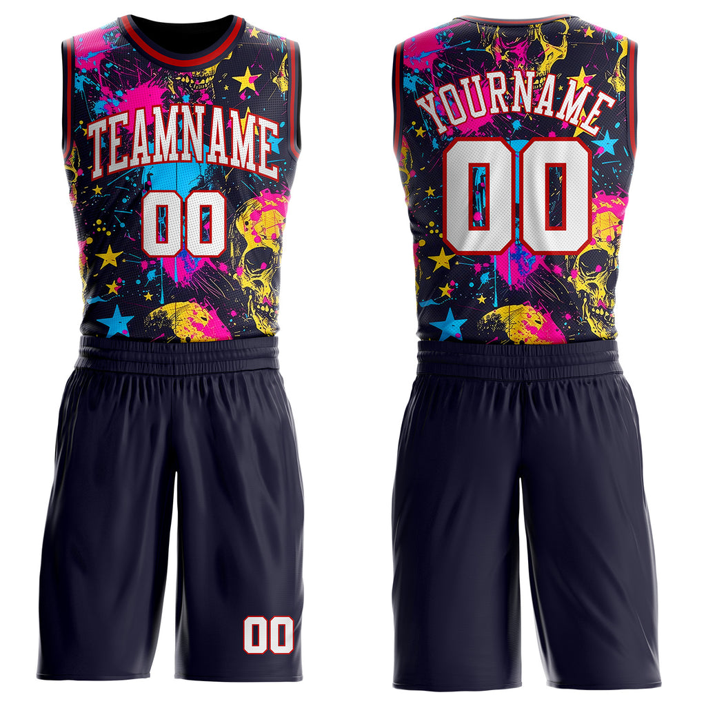 Custom Purple White Red-Black Neon Graffiti Skulls Round Neck Sublimation Basketball Uniform Jersey