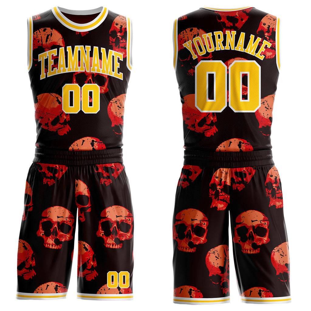 Custom Black Yellow-White Distressed Skulls Round Neck Sublimation Basketball Uniform Jersey