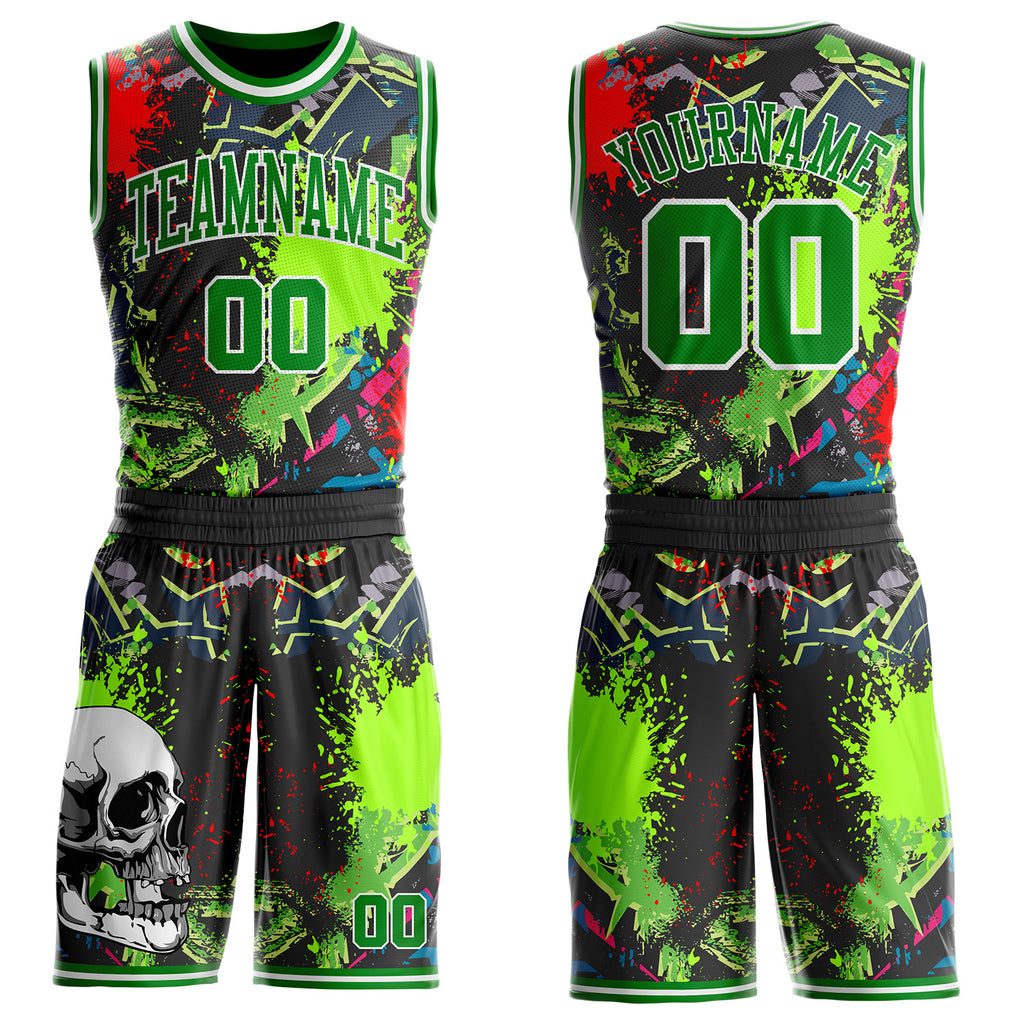 Custom Black Grass Green-White Neon Graffiti Skulls Round Neck Sublimation Basketball Uniform Jersey
