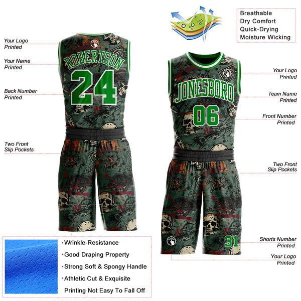 Custom Black Grass Green-White Distressed Skulls Round Neck Sublimation Basketball Uniform Jersey