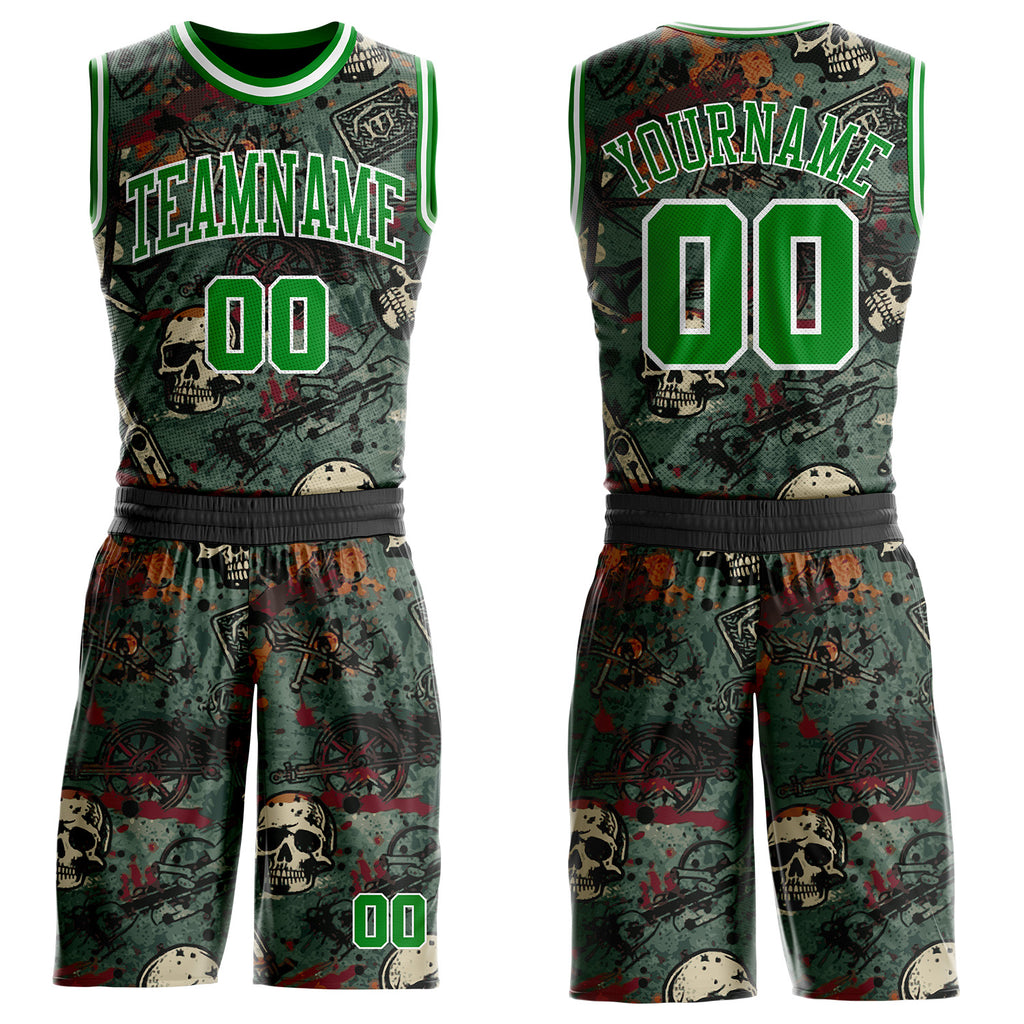 Custom Black Grass Green-White Distressed Skulls Round Neck Sublimation Basketball Uniform Jersey