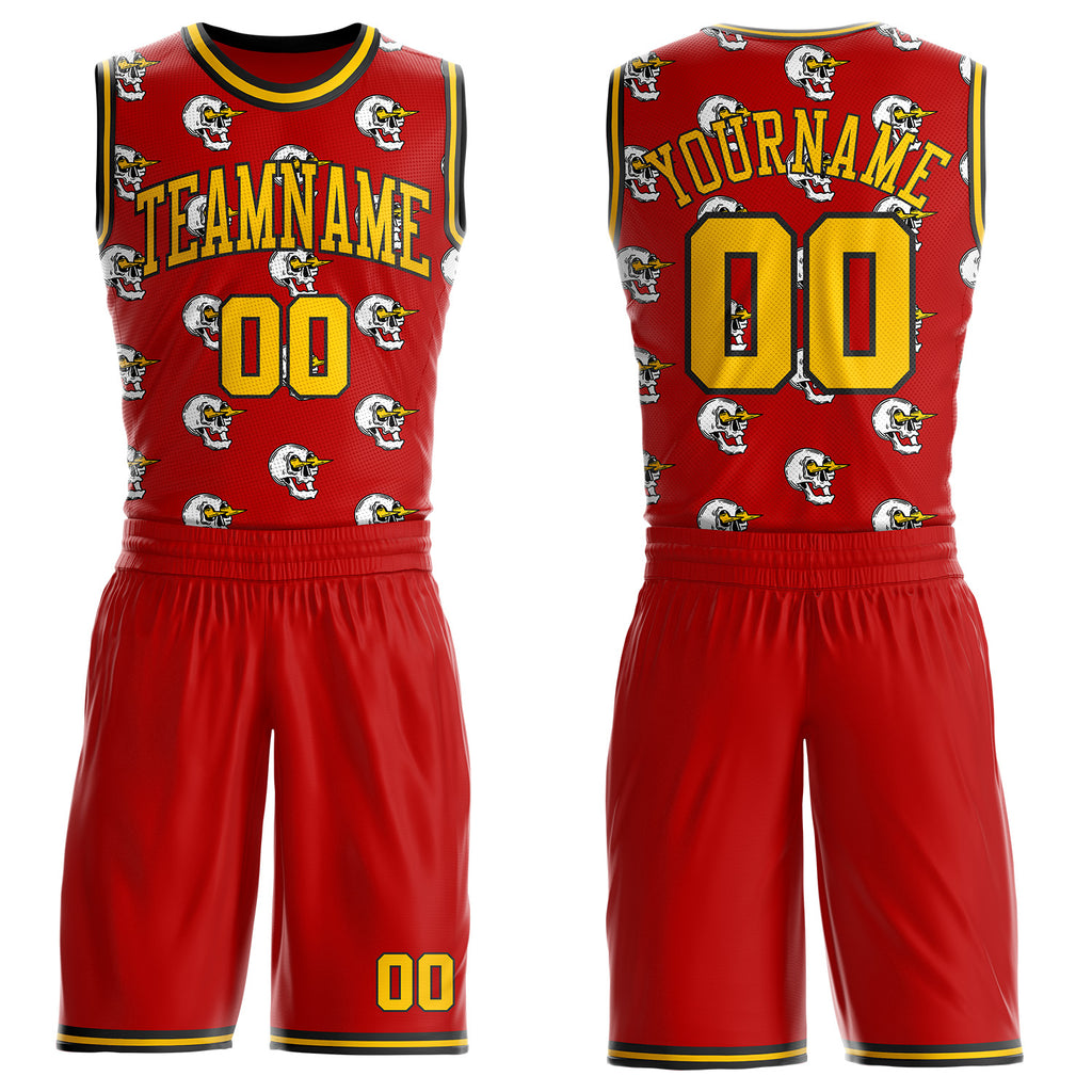 Custom Red Yellow-Black Lightning Skulls Round Neck Sublimation Basketball Uniform Jersey