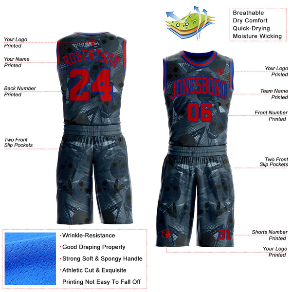 Custom Blue Red-Royal Geometric Skulls Round Neck Sublimation Basketball Uniform Jersey