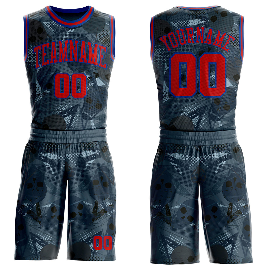 Custom Blue Red-Royal Geometric Skulls Round Neck Sublimation Basketball Uniform Jersey