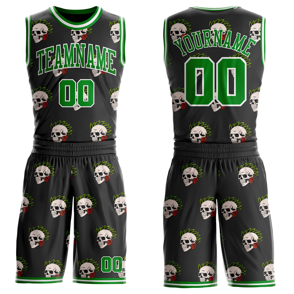 Custom Black Grass Green-White Tropical Skulls Round Neck Sublimation Basketball Uniform Jersey
