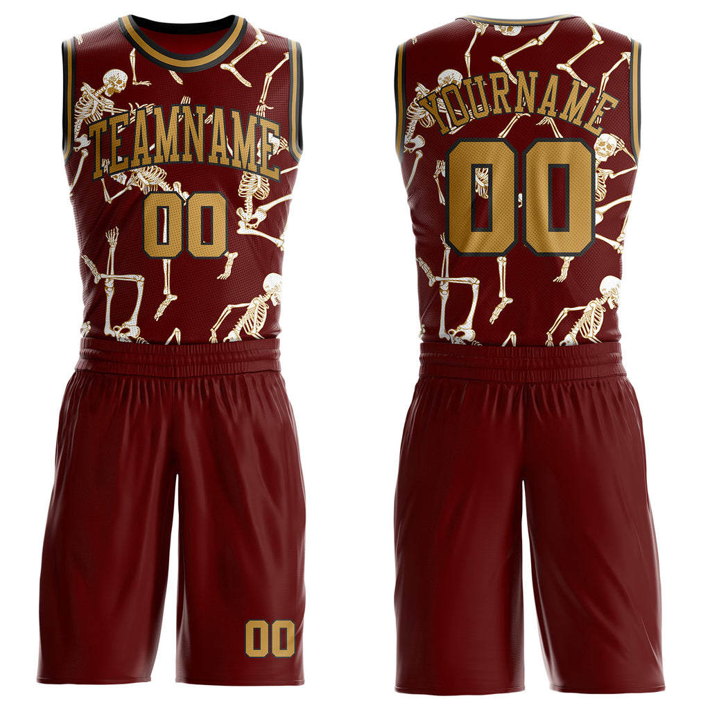Custom Red Old Gold-Black Gothic Grunge Skeleton Round Neck Sublimation Basketball Uniform Jersey