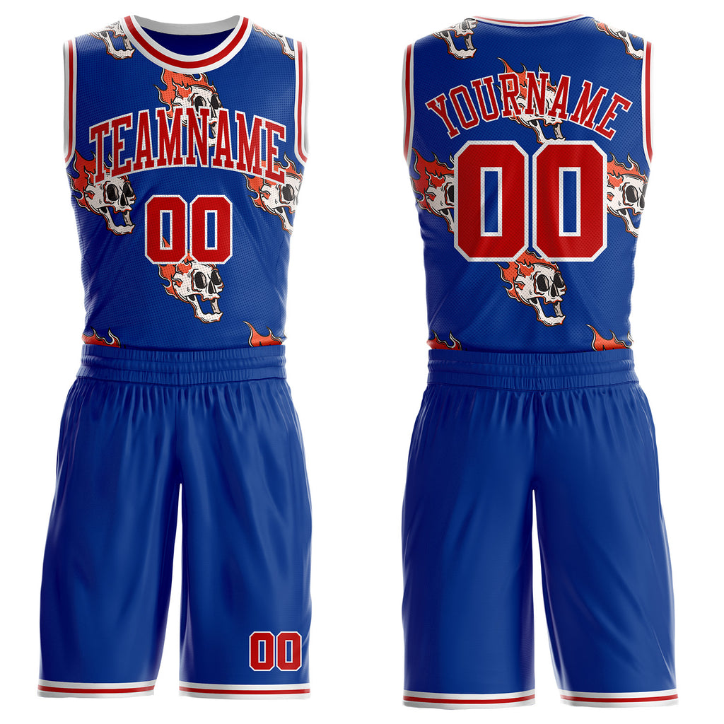 Custom Royal Red-White Fire Skulls Round Neck Sublimation Basketball Uniform Jersey