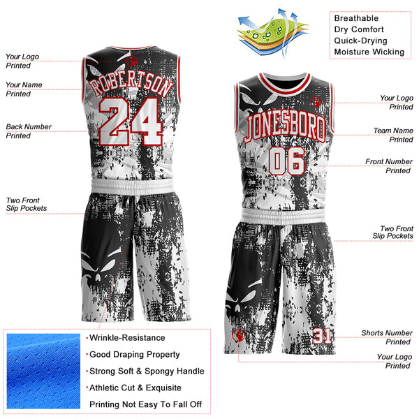 Custom Black White-Red Gothic Grunge Skeleton Round Neck Sublimation Basketball Uniform Jersey