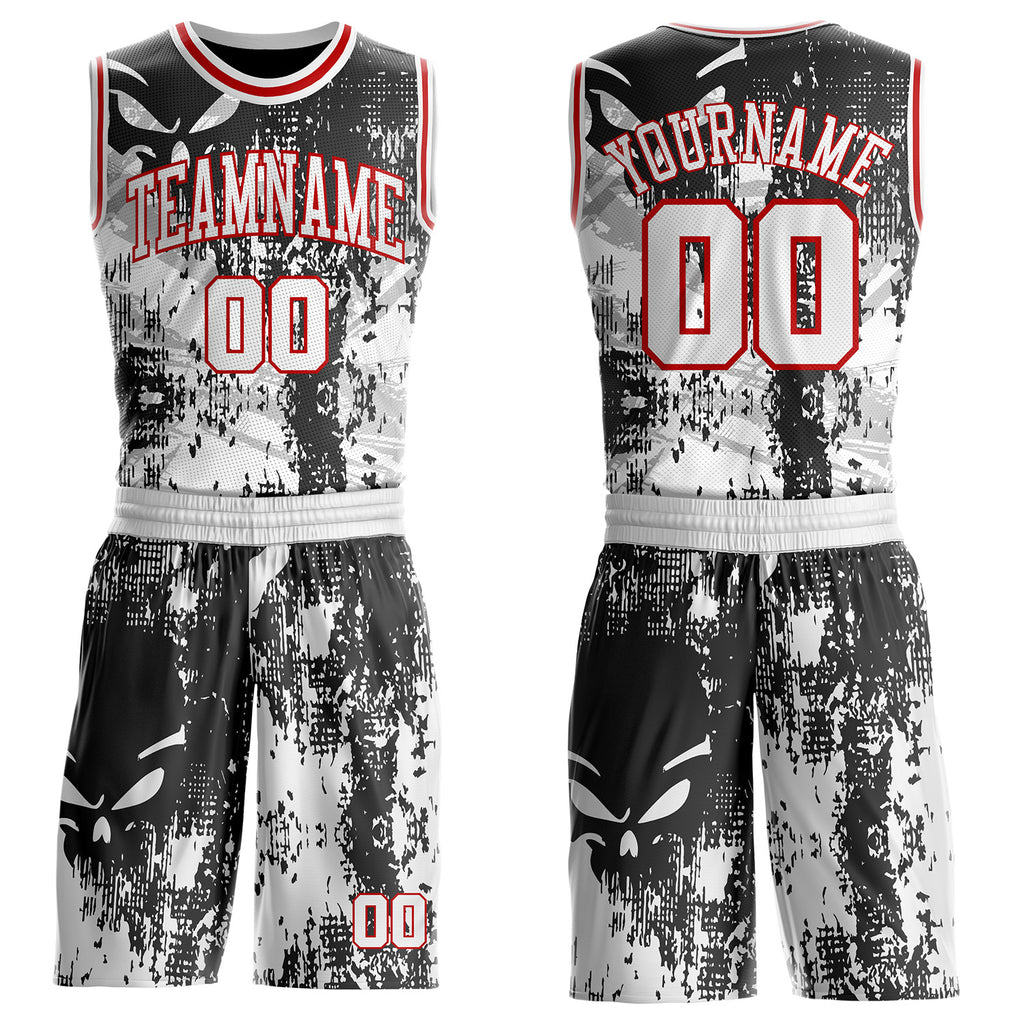 Custom Black White-Red Gothic Grunge Skeleton Round Neck Sublimation Basketball Uniform Jersey
