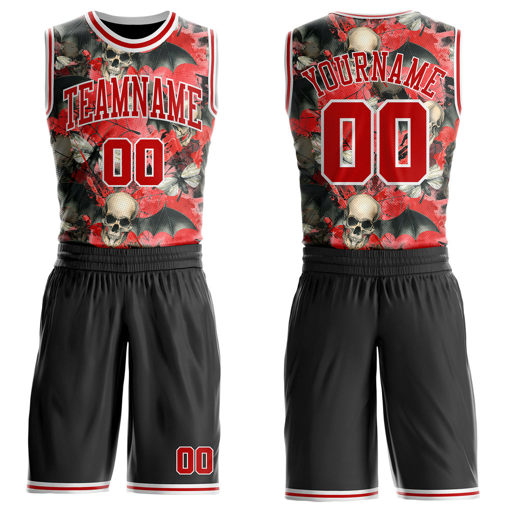 Custom Black Red-White Gothic Skulls Round Neck Sublimation Basketball Uniform Jersey
