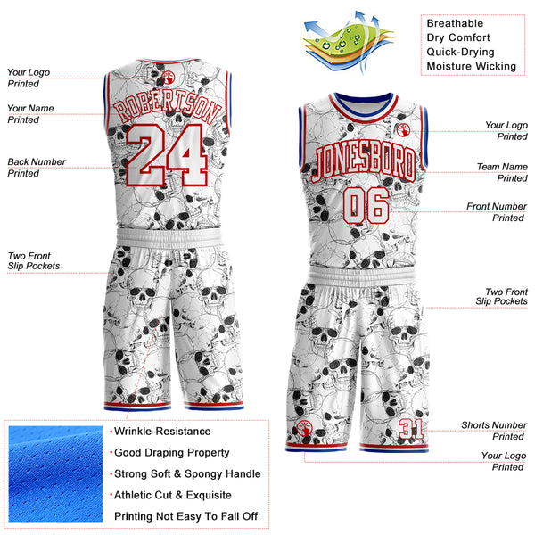 Custom White Red-Royal Skulls Round Neck Sublimation Basketball Uniform Jersey