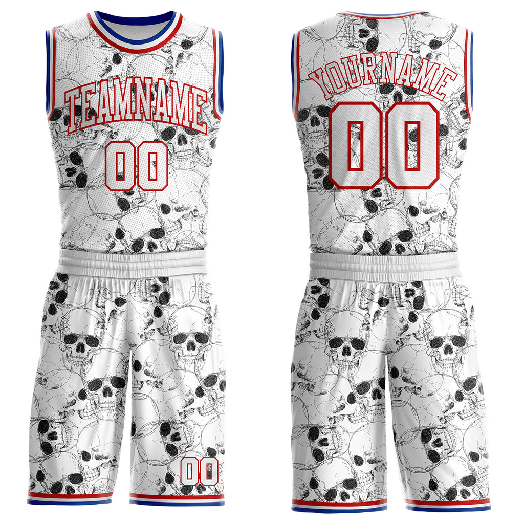 Custom White Red-Royal Skulls Round Neck Sublimation Basketball Uniform Jersey