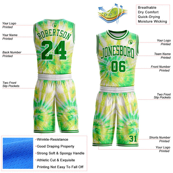 Custom Tie Dye Grass Green-White Swirl Round Neck Sublimation Basketball Uniform Jersey