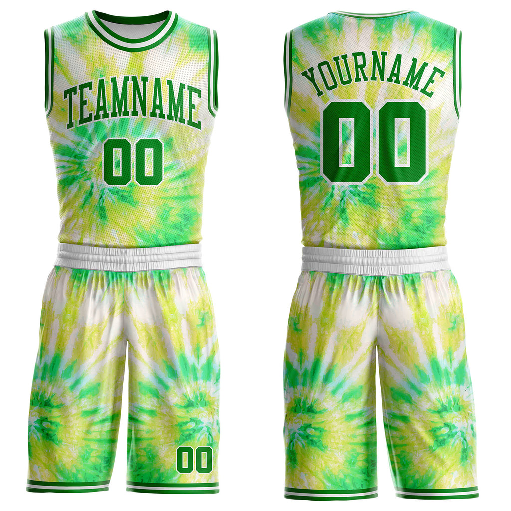 Custom Tie Dye Grass Green-White Swirl Round Neck Sublimation Basketball Uniform Jersey