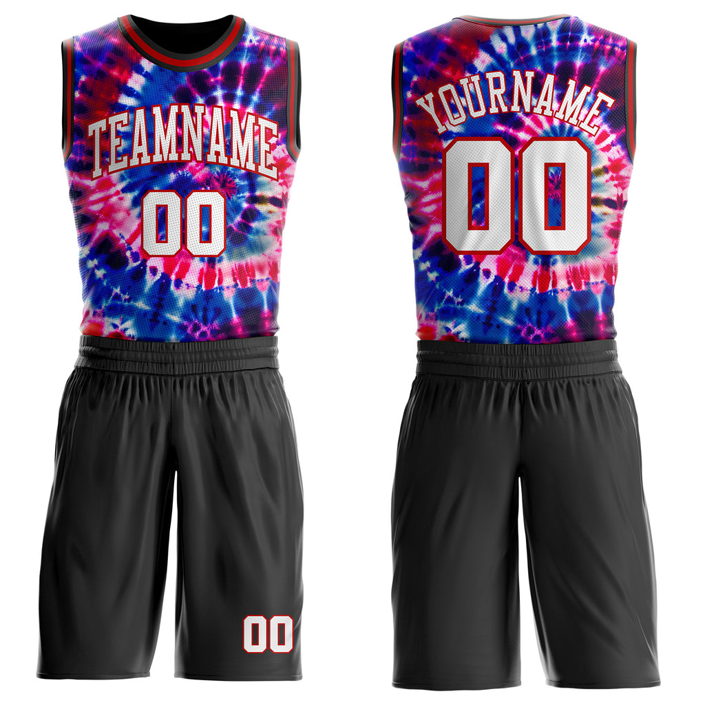 Custom Tie Dye White Red-Black Swirl Round Neck Sublimation Basketball Uniform Jersey