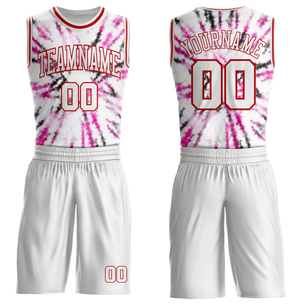 Custom Tie Dye White-Red Swirl Round Neck Sublimation Basketball Uniform Jersey