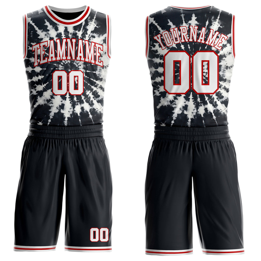 Custom Tie Dye White-Red Swirl Round Neck Sublimation Basketball Uniform Jersey