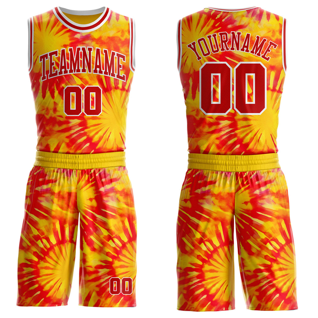 Custom Tie Dye Red-White Swirl Round Neck Sublimation Basketball Uniform Jersey