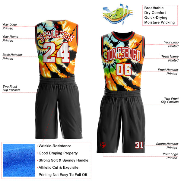 Custom Tie Dye White Red-Black Swirl Round Neck Sublimation Basketball Uniform Jersey