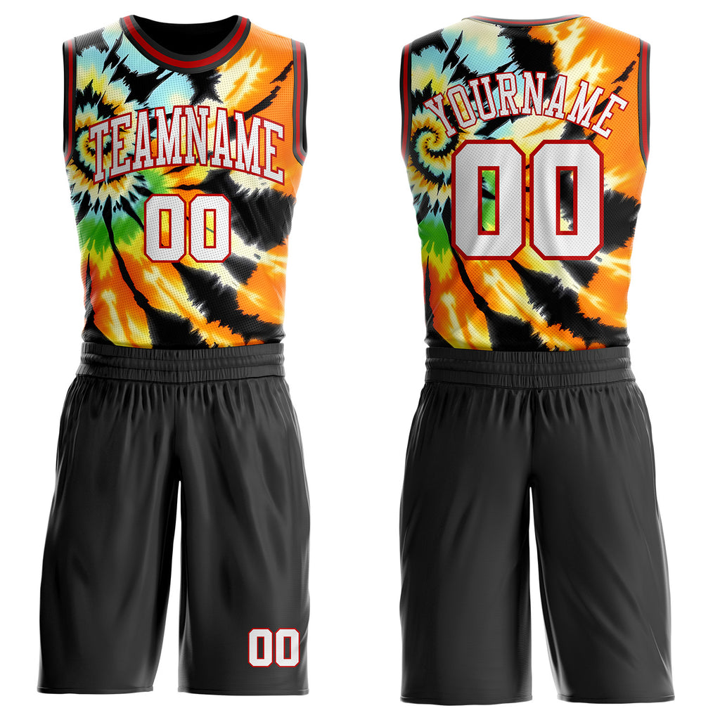 Custom Tie Dye White Red-Black Swirl Round Neck Sublimation Basketball Uniform Jersey