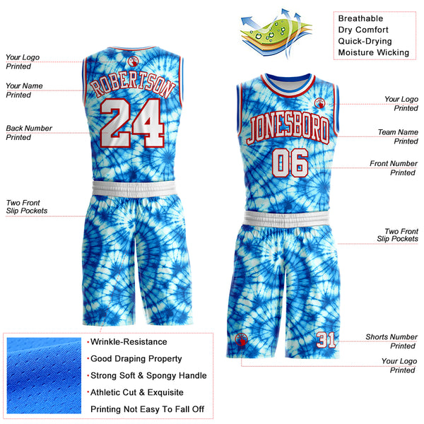 Custom Tie Dye White Red-Blue Swirl Round Neck Sublimation Basketball Uniform Jersey